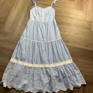 Shabby Chic Marlow Gardenia Seersucker Eyelet Lace Maxi Dress 10 Blue White Boho